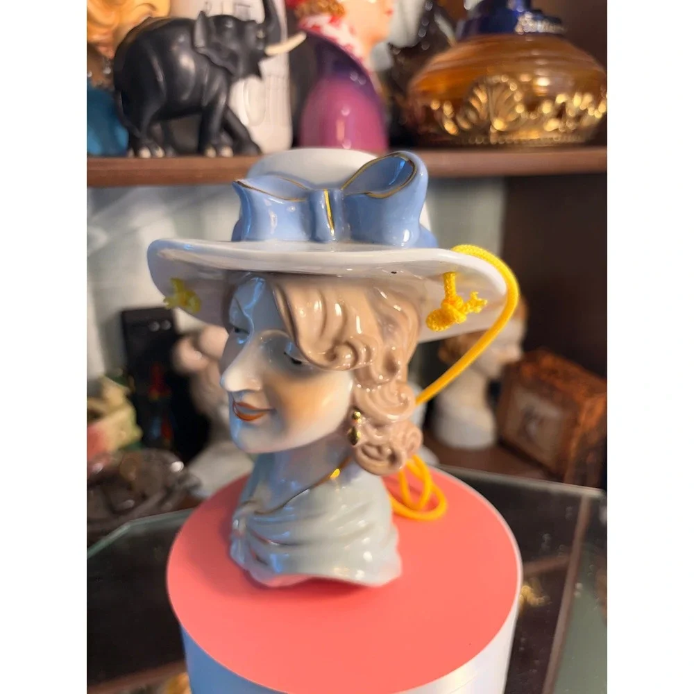 Vintage Ceramic Lady Head Vase Blue Hat Gold Trim Mid Century Style Figurine